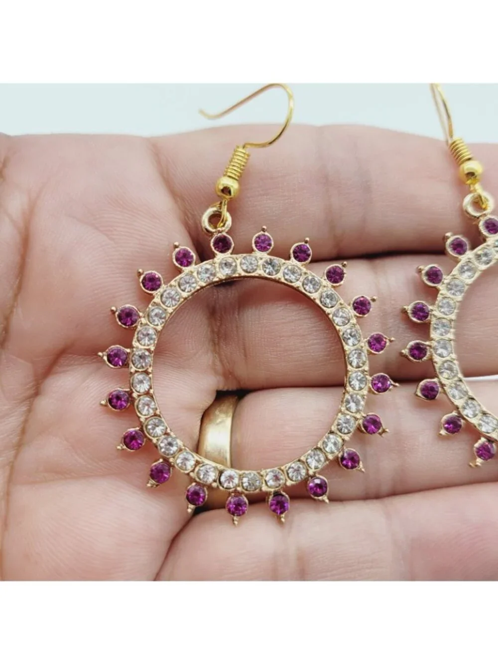 Dark Pink & Clear Rhinestone Circular Drop Dangle Earrings Gold Tone